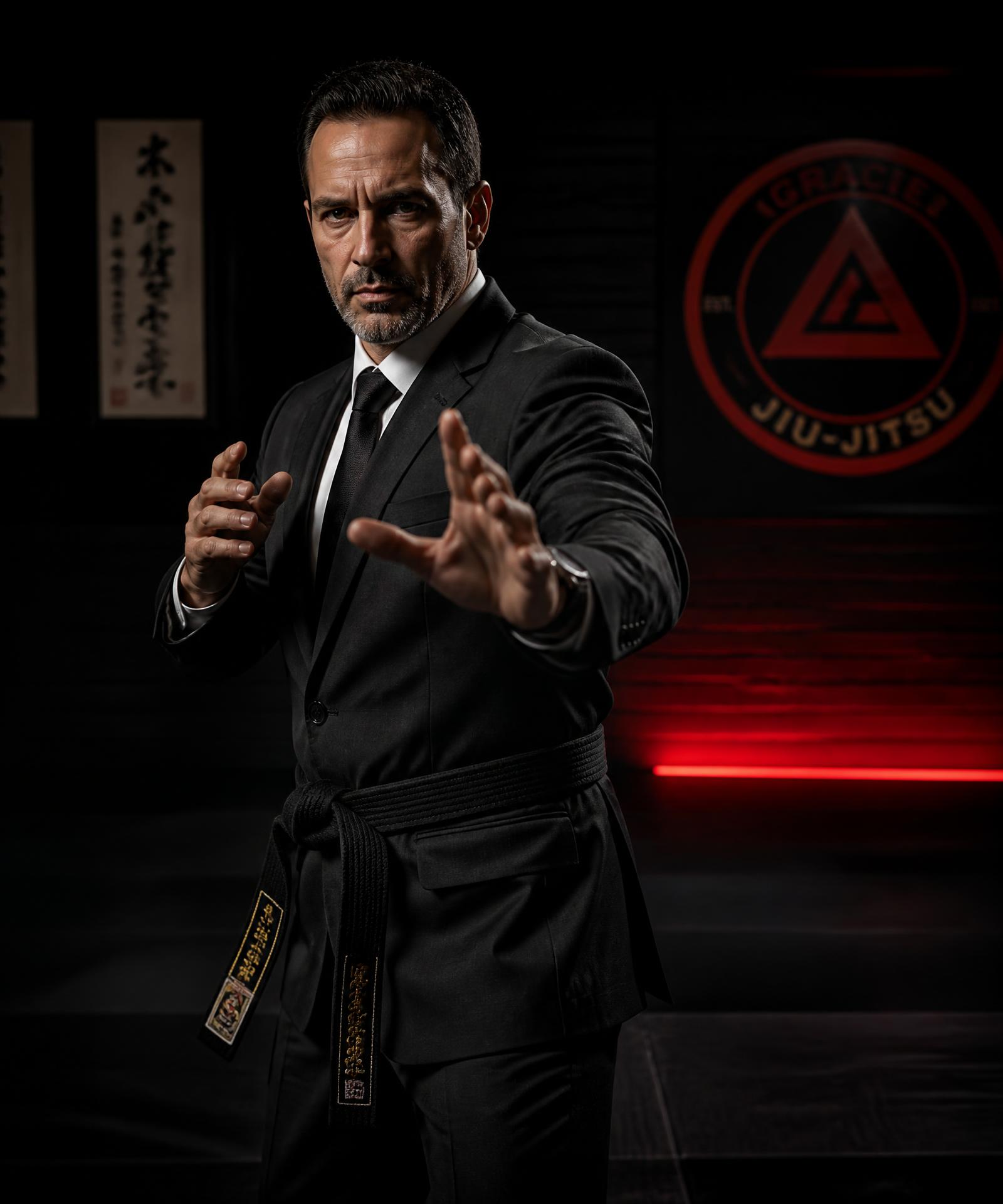 Executive in a dark suit wearing a black jiu-jitsu belt in a dim dojo